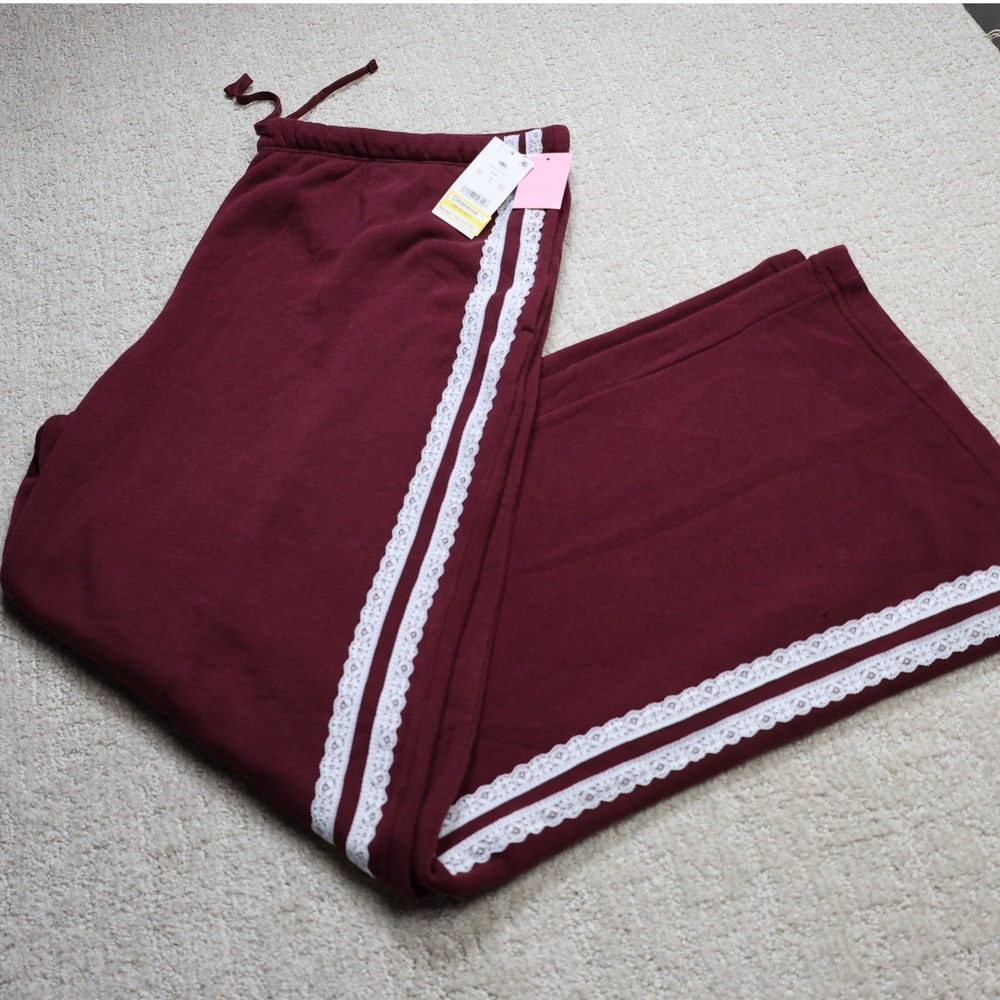 Zoe + Liv Tawny Port Burgundy Lace Trim Wide Leg Sweatpants XXL NWT